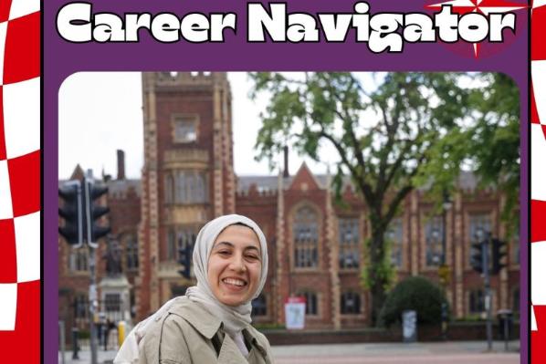 feamle student sitting outside Queen's University Belfast smiling to camera
